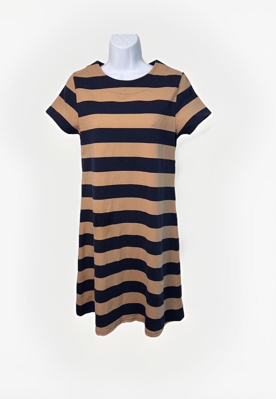 Duffield Lane Size Small Navy & Camel Block Striped Short Sleeve Dress